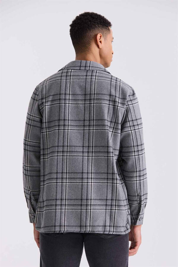 Anthracite Oversized Loose Fit Plaid Cotton Pocket Flannel Shirt - 8