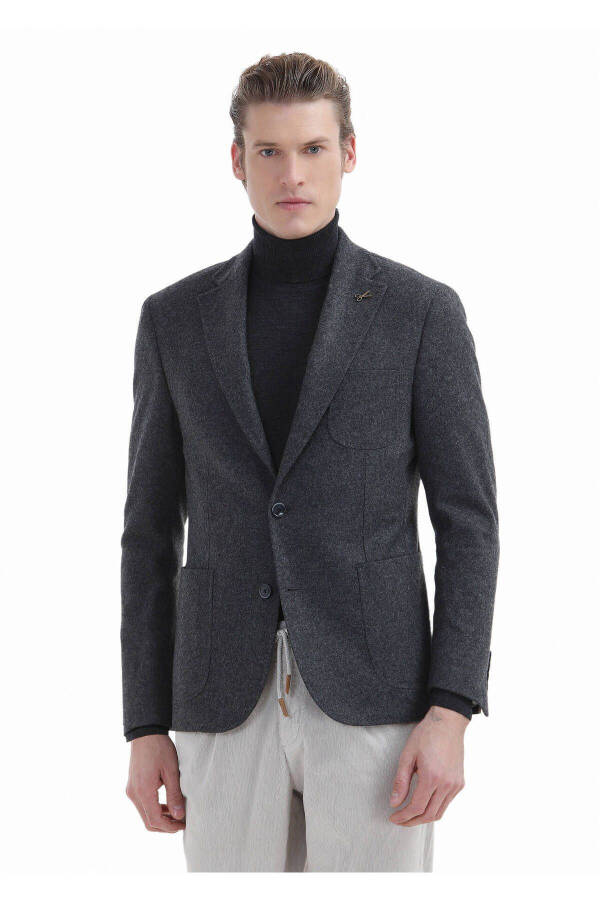 Anthracite Plain Shirt Shoulder Slim Fit Wool Blend Knit Jacket - 2