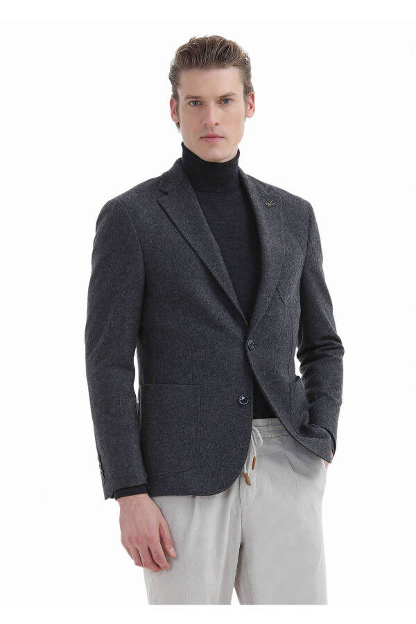 Anthracite Plain Shirt Shoulder Slim Fit Wool Blend Knit Jacket - 3