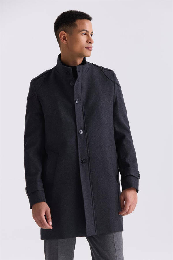 Anthracite Regular Fit Notch Lapel Epaulet Wool Cashmere Coat - 1