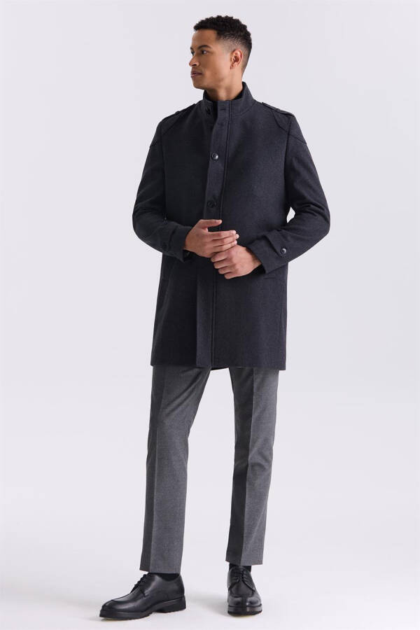 Anthracite Regular Fit Notch Lapel Epaulet Wool Cashmere Coat - 2