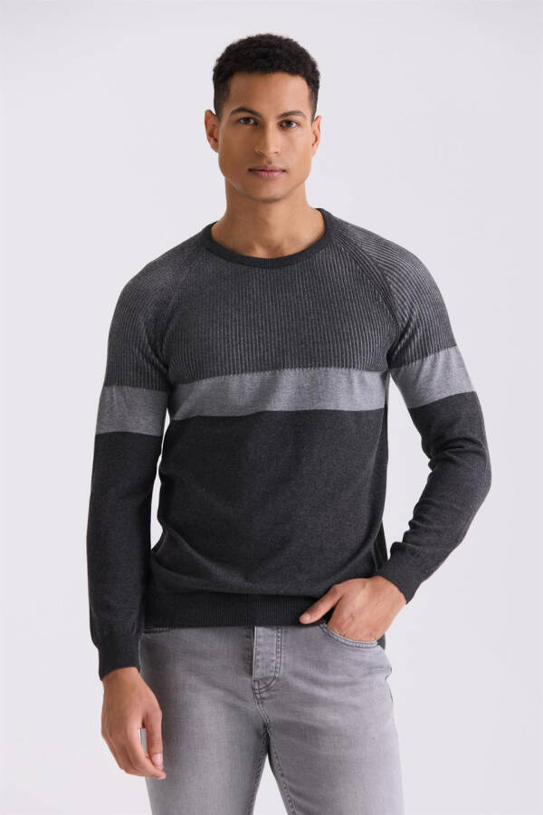 Anthracite Slim Fit Crew Neck Striped Knit Sweater - 1