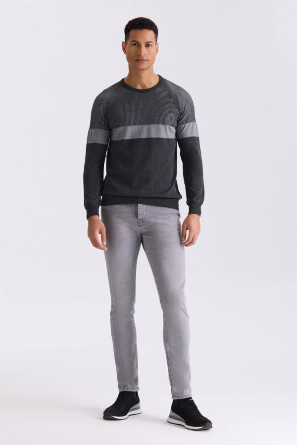 Anthracite Slim Fit Crew Neck Striped Knit Sweater - 2