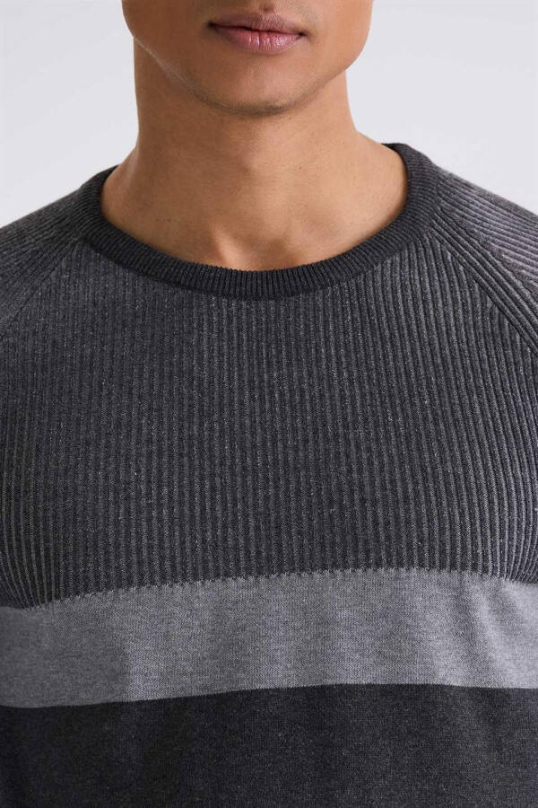 Anthracite Slim Fit Crew Neck Striped Knit Sweater - 3