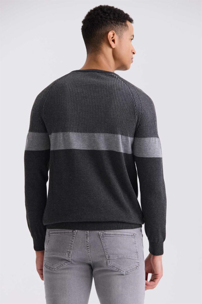 Anthracite Slim Fit Crew Neck Striped Knit Sweater - 4