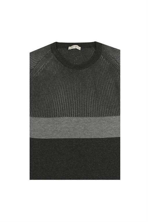 Anthracite Slim Fit Crew Neck Striped Knit Sweater - 5