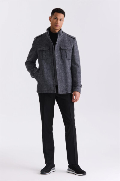 Anthracite Slim Fit Notched Lapel Epauletted Patterned Sports Tweed Coat - 2