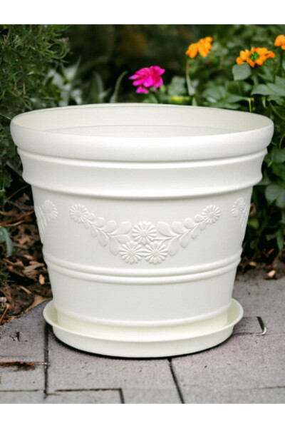 Antique Daisy Patterned White Flower Pot 21 Liters - 2