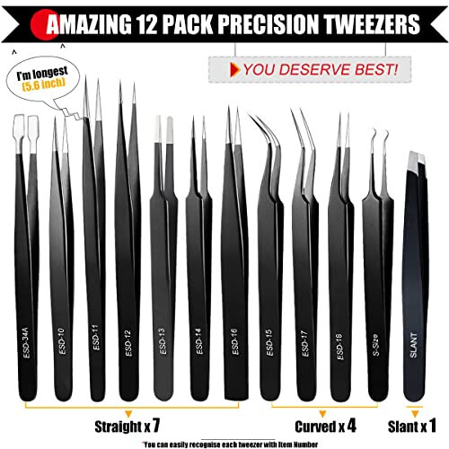 Antonki Tweezers, Precision Tweezers Set, Craft Tweezer Kit, Soldering Tweezers, Jewelry Tweezers, Pointed Ingrown Hair Tweezers, Eyelash Extension Tweezers, Eyebrow Tweezers - 12 Pack with Case - 3