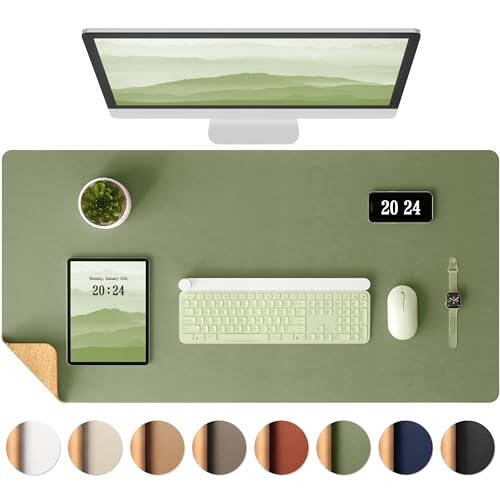 Aothia Dual-Sided Desk Pad - Leather Desk Mat, Natural Cork Desk Pad Protector, Large Mouse Pad for Desk, Waterproof Desk Blotter Pad, Desk Writing Pad for Office Work/Home, Olive Green (23.6