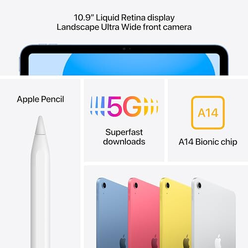 Apple iPad (10-avlod): A14 Bionic chipli, 10.9 dyuymli Suyuq Retina displey, 64GB, Wi-Fi 6 + 5G Cellular, 12MP oldingi/12MP orqa kamera, Touch ID, Kun bo'yi batareya muddati - Kumush - 3