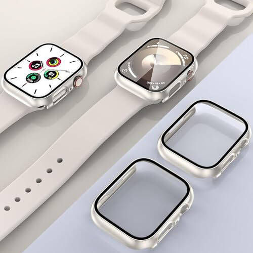 Apple Watch 44mm SE Serisi 6/5/4/SE 2. Nesil için 2'li Paket Kılıf, Temperli Cam Ekran Koruyucu ile, EWUONU Tam Koruyucu Kılıf Sert PC Çerçeve Yüz Kılıfı iWatch 44mm için (Yıldız Işığı) - 7