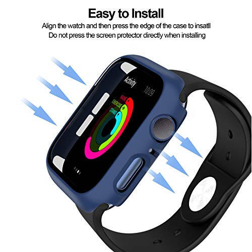 Apple Watch SE 2022/Series 6/5/4/SE 44mm bilan mos keladigan 3 dona qattiq PC korpus, BHARVEST korpusi qattiqlashtirilgan shisha ekran himoyachi bilan umumiy pufakchalarsiz qoplama iWatch aksessuarlari uchun, qora + ko'k + kumush - 5