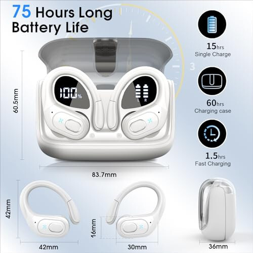 Aptkdoe Kablosuz Kulaklık 75 Saat Bluetooth 5.3 Kulaklık Spor, 2024 Bluetooth Kulaklık Stereo Derin Bas Kulaklık Kulak Kancalarıyla, ENC Gürültü Önleyici Mikrofon, IPX7 Su Geçirmez Kulaklık Beyaz - 7