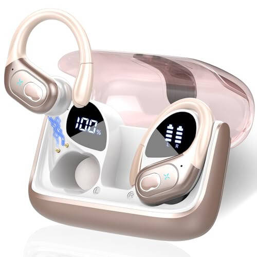 Aptkdoe Wireless Earbuds 75hrs Bluetooth 5.3 Headphone Sport, 2024 Bluetooth Earbuds Stereo Deep Bass Over Ear Bud with Earhooks, ENC Noise Cancelling Mic, IPX7 Waterproof Earphone Rose Gold - 1