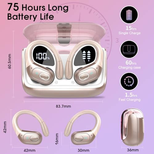 Aptkdoe Wireless Earbuds 75hrs Bluetooth 5.3 Headphone Sport, 2024 Bluetooth Earbuds Stereo Deep Bass Over Ear Bud with Earhooks, ENC Noise Cancelling Mic, IPX7 Waterproof Earphone Rose Gold - 2