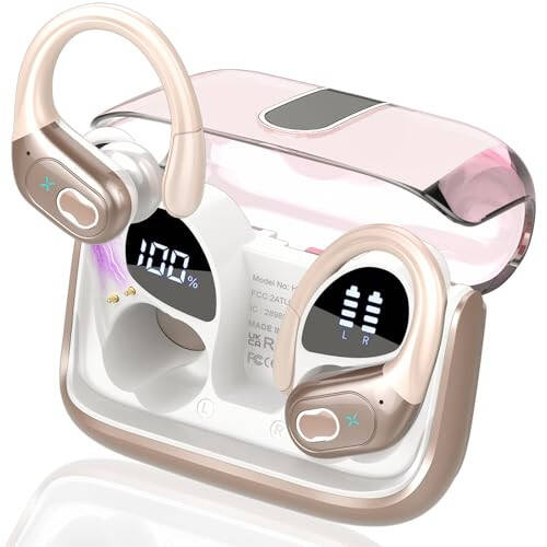 Aptkdoe Wireless Earbuds 75hrs Bluetooth 5.3 Headphone Sport, 2024 Bluetooth Earbuds Stereo Deep Bass Over Ear Bud with Earhooks, ENC Noise Cancelling Mic, IPX7 Waterproof Earphone Rose Gold - 8