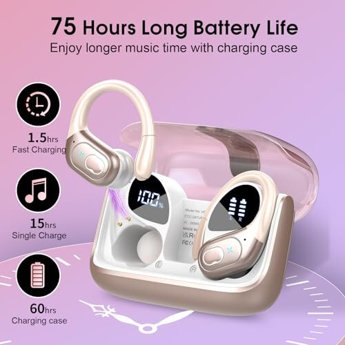 Aptkdoe Wireless Earbuds 75hrs Bluetooth 5.3 Headphone Sport, 2024 Bluetooth Earbuds Stereo Deep Bass Over Ear Bud with Earhooks, ENC Noise Cancelling Mic, IPX7 Waterproof Earphone Rose Gold - 9