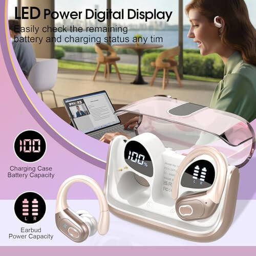 Aptkdoe Wireless Earbuds 75hrs Bluetooth 5.3 Headphone Sport, 2024 Bluetooth Earbuds Stereo Deep Bass Over Ear Bud with Earhooks, ENC Noise Cancelling Mic, IPX7 Waterproof Earphone Rose Gold - 10