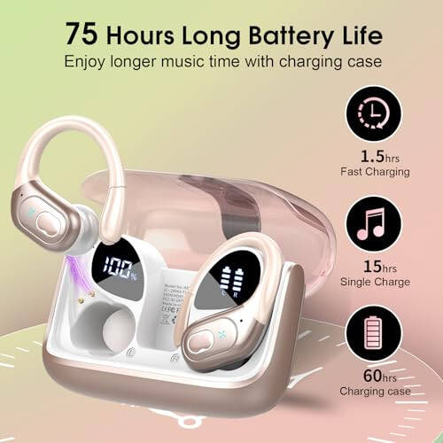 Aptkdoe Wireless Earbuds 75hrs Bluetooth 5.3 Headphone Sport, 2024 Bluetooth Earbuds Stereo Deep Bass Over Ear Bud with Earhooks, ENC Noise Cancelling Mic, IPX7 Waterproof Earphone Rose Gold - 3