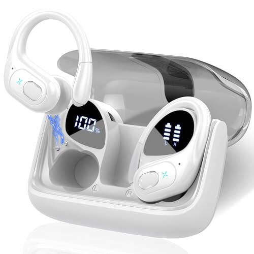 Aptkdoe Wireless Earbuds 75hrs Bluetooth 5.3 Headphone Sport, 2024 Bluetooth Earbuds Stereo Deep Bass Over Ear Bud with Earhooks, ENC Noise Cancelling Mic, IPX7 Waterproof Earphone White - 2