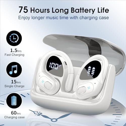 Aptkdoe Wireless Earbuds 75hrs Bluetooth 5.3 Headphone Sport, 2024 Bluetooth Earbuds Stereo Deep Bass Over Ear Bud with Earhooks, ENC Noise Cancelling Mic, IPX7 Waterproof Earphone White - 3