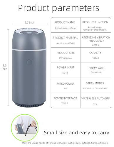 Araba Difüzör Nemlendirici, Esansiyel Yağlar İçin Taşınabilir Mini Ultrasonik Sis Aromaterapi Difüzörü 100ml USB Difüzör Tazeleyici Araç, Ev, Ofis, Yatak Odası İçin (Gri) - 6