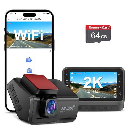 Araba için Dash Cam, 2K Araba Kamerası WiFi, Arabalar için Ön Dash Kamera, Süper Gece Görüşlü Mini Dash Cam, Ücretsiz 64GB Kart, 24 Saat Park M Onitorü - 1