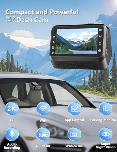 Araba için Dash Cam, 2K Araba Kamerası WiFi, Arabalar için Ön Dash Kamera, Süper Gece Görüşlü Mini Dash Cam, Ücretsiz 64GB Kart, 24 Saat Park M Onitorü - 2