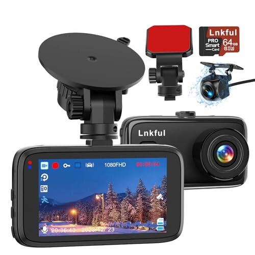 Araba İçin Dash Kamera, Ön ve Arka Çift 1080P Dash Cam, 64GB Kartlı ve 2 Emme Kupa ile Dashcam, 3'' Ekranlı Gece Görüşlü, G-Sensörlü, WDR'li, Döngü Kaydı, Park Mükemmelliği ile DashCam - 1