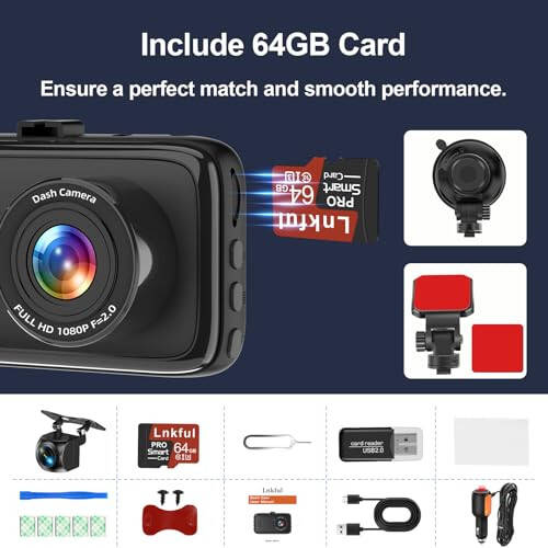 Araba İçin Dash Kamera, Ön ve Arka Çift 1080P Dash Cam, 64GB Kartlı ve 2 Emme Kupa ile Dashcam, 3'' Ekranlı Gece Görüşlü, G-Sensörlü, WDR'li, Döngü Kaydı, Park Mükemmelliği ile DashCam - 7