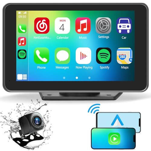 Araba İçin Taşınabilir Kablosuz CarPlay Ekranı, 7 İnç Çift Din Araba Stereo Apple CarPlay ve Android Auto İçin, Yedek Kamera, Ayna Bağlantısı, Navigasyon Ekranı ile Multimedya Oynatıcı Tüm Araçlar İçin - 4