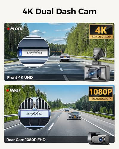 Arpha 4K Oldin va Orqa Dash Cam, Bepul 64GB Karta, O'rnatilgan 5G WiFi GPS Avtomobil Kamerasi, 3'' Teginish Ekrani Ovozli Boshqaruv Haydovchi Yozuvchisi, WDR Kechasi Ko'rish, To'xtash Rejimi G-Sensor Loop Yozuvi (D24) - 6