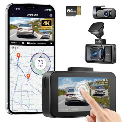 Arpha 4K Ön ve Arka Dash Cam, Ücretsiz 64GB Kart, Dahili 5G WiFi GPS Araç Kamerası, 3'' Dokunmatik Ekran Sesli Kontrol Sürüş Kaydedici, WDR Gece Görüşü, Park Modu G-Sensörü Döngü Kaydı (D24) - 1