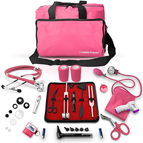 ASA Techmed Nurse Starter Kit - Stethoscope, Blood Pressure Monitor, Tuning Forks, and More - 18 Pieces Total (Pink) - 1