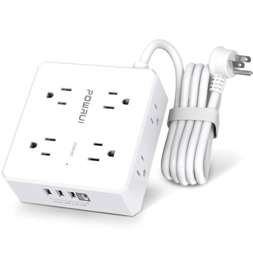 Aşırı Akım Korumalı Priz - 6 Ft Düz Fiş Uzatma Kablosu 8 Geniş Çıkış ve 4 USB Bağlantı Noktası (1 USB C) ile, Ev Ofis İçin 3 Yan Çıkışlı Uzatma, Beyaz, ETL Onaylı - 1