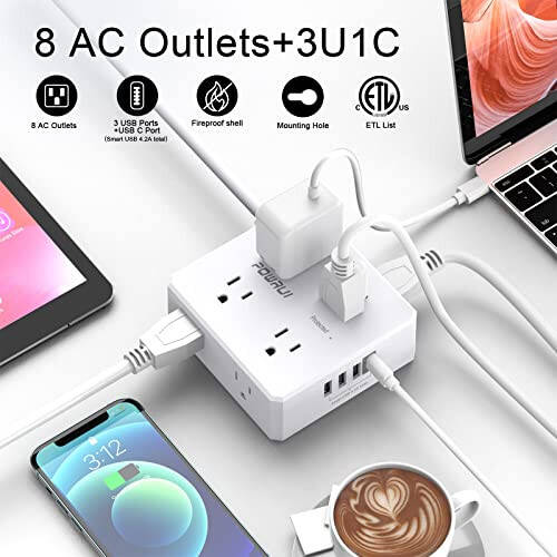 Aşırı Akım Korumalı Priz - 6 Ft Düz Fiş Uzatma Kablosu 8 Geniş Çıkış ve 4 USB Bağlantı Noktası (1 USB C) ile, Ev Ofis İçin 3 Yan Çıkışlı Uzatma, Beyaz, ETL Onaylı - 2