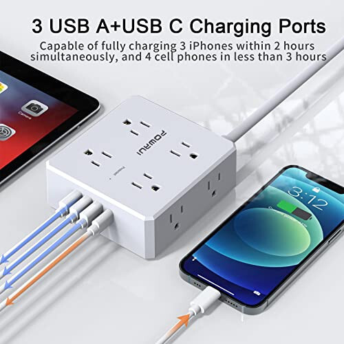 Aşırı Akım Korumalı Priz - 6 Ft Düz Fiş Uzatma Kablosu 8 Geniş Çıkış ve 4 USB Bağlantı Noktası (1 USB C) ile, Ev Ofis İçin 3 Yan Çıkışlı Uzatma, Beyaz, ETL Onaylı - 4