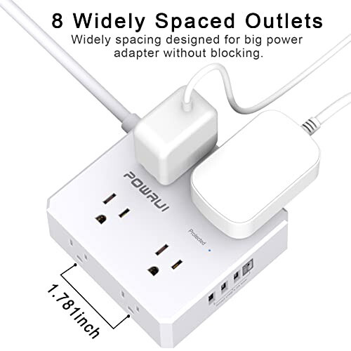 Aşırı Akım Korumalı Priz - 6 Ft Düz Fiş Uzatma Kablosu 8 Geniş Çıkış ve 4 USB Bağlantı Noktası (1 USB C) ile, Ev Ofis İçin 3 Yan Çıkışlı Uzatma, Beyaz, ETL Onaylı - 6