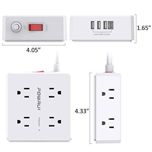 Aşırı Akım Korumalı Priz - 6 Ft Düz Fiş Uzatma Kablosu 8 Geniş Çıkış ve 4 USB Bağlantı Noktası (1 USB C) ile, Ev Ofis İçin 3 Yan Çıkışlı Uzatma, Beyaz, ETL Onaylı - 7