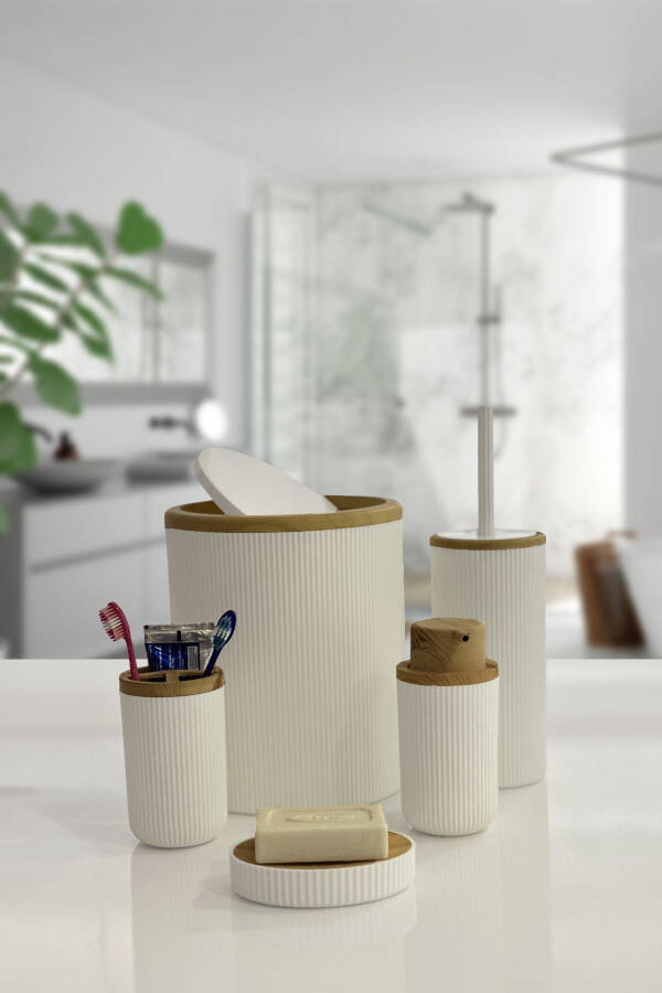 Auaro 5-Piece White Striped Bamboo Lidded Round 5-Piece Bathroom Set - 1