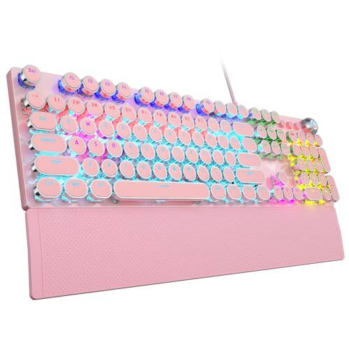 AULA F2088 Typewriter Style Mechanical Gaming Keyboard,Rainbow LED Backlit,Removable Wrist Rest,Media Control Knob,Retro Punk Round Keycaps,USB Wired Computer Keyboard,Pink - 1