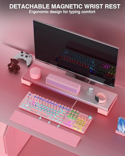 AULA F2088 Typewriter Style Mechanical Gaming Keyboard,Rainbow LED Backlit,Removable Wrist Rest,Media Control Knob,Retro Punk Round Keycaps,USB Wired Computer Keyboard,Pink - 2