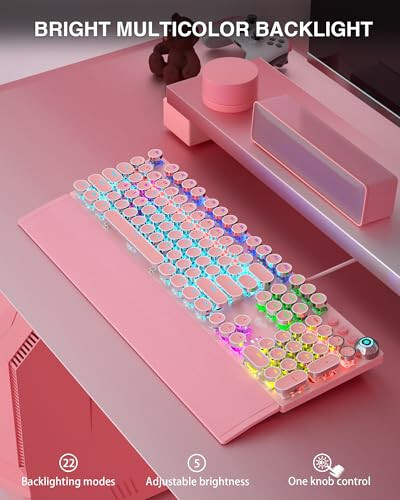 AULA F2088 Typewriter Style Mechanical Gaming Keyboard,Rainbow LED Backlit,Removable Wrist Rest,Media Control Knob,Retro Punk Round Keycaps,USB Wired Computer Keyboard,Pink - 4