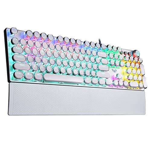 AULA F2088 Typewriter Style Mechanical Gaming Keyboard,Rainbow LED Backlit,Removable Wrist Rest,Media Control Knob,Retro Punk Round Keycaps,USB Wired Computer Keyboard,White - 1