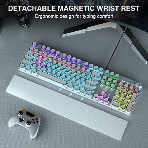 AULA F2088 Typewriter Style Mechanical Gaming Keyboard,Rainbow LED Backlit,Removable Wrist Rest,Media Control Knob,Retro Punk Round Keycaps,USB Wired Computer Keyboard,White - 2