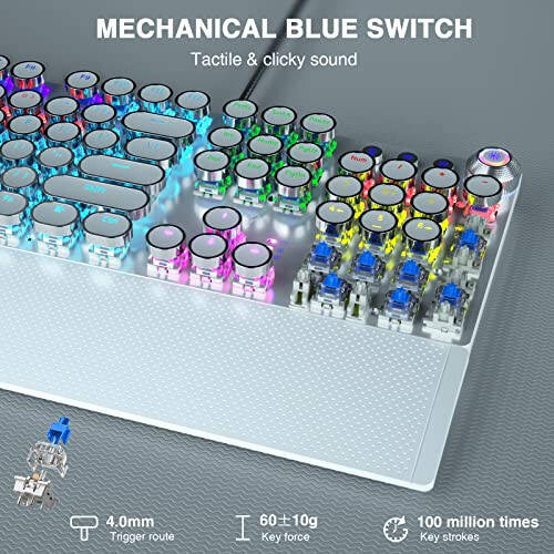 AULA F2088 Typewriter Style Mechanical Gaming Keyboard,Rainbow LED Backlit,Removable Wrist Rest,Media Control Knob,Retro Punk Round Keycaps,USB Wired Computer Keyboard,White - 3