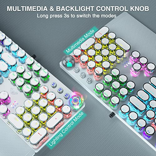 AULA F2088 Typewriter Style Mechanical Gaming Keyboard,Rainbow LED Backlit,Removable Wrist Rest,Media Control Knob,Retro Punk Round Keycaps,USB Wired Computer Keyboard,White - 5