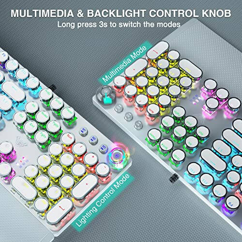 AULA F2088 Typewriter Style Mechanical Gaming Keyboard,Rainbow LED Backlit,Removable Wrist Rest,Media Control Knob,Retro Punk Round Keycaps,USB Wired Computer Keyboard,White - 5