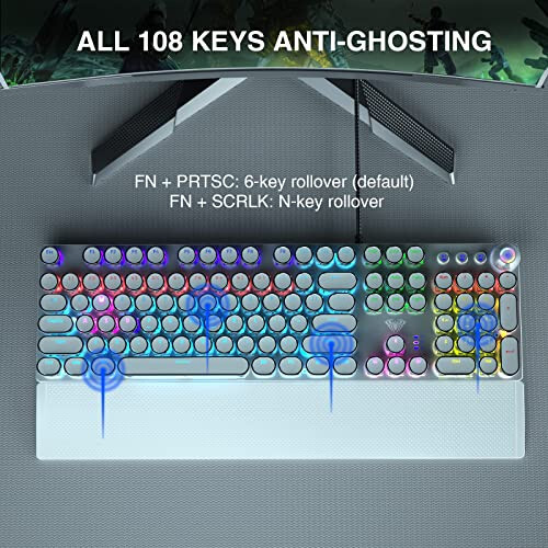 AULA F2088 Typewriter Style Mechanical Gaming Keyboard,Rainbow LED Backlit,Removable Wrist Rest,Media Control Knob,Retro Punk Round Keycaps,USB Wired Computer Keyboard,White - 6